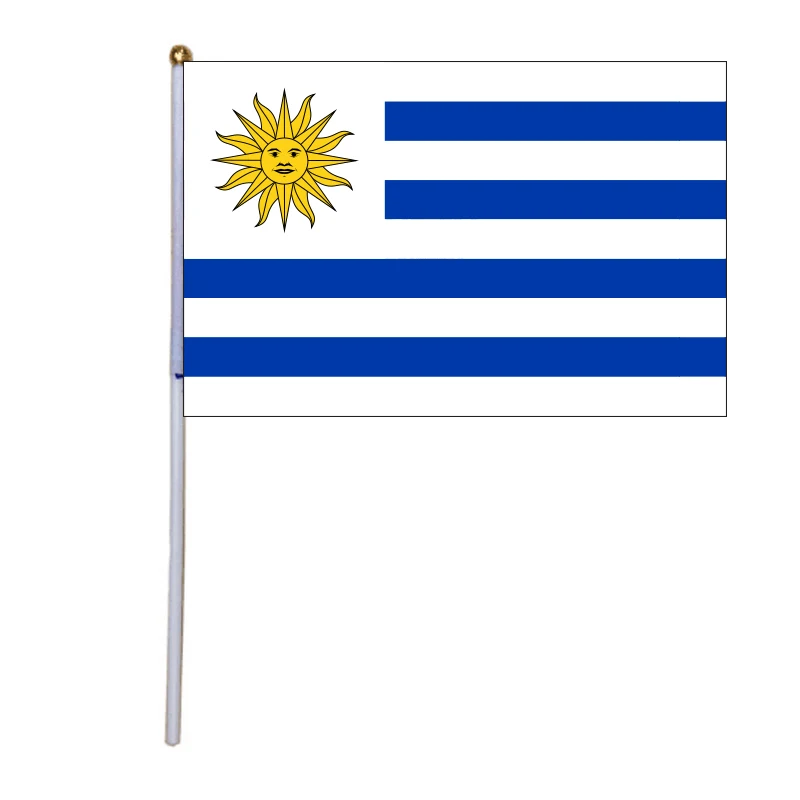 free  shipping  xvggdg  100pcs 14 * 21cm National Flag  Uruguay   hand  flags  with plastic flagpole Polyester Printing flag