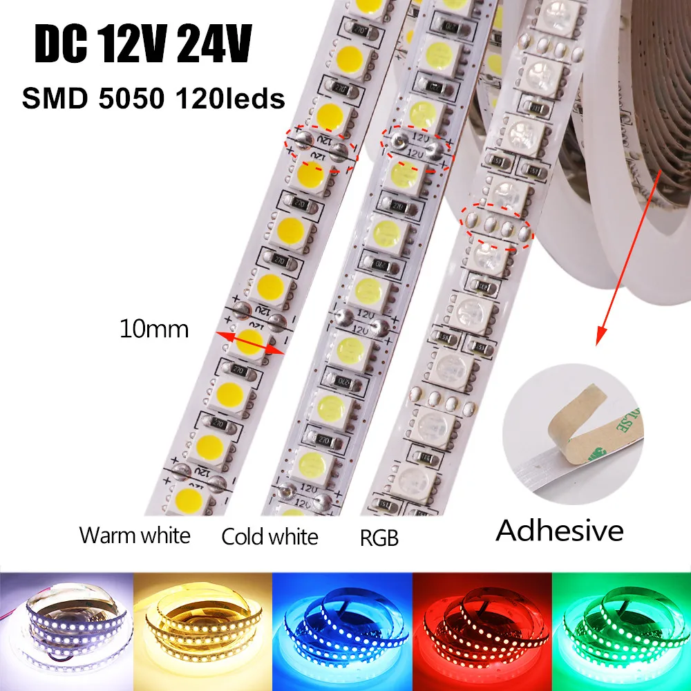 

DC 12V 24V LED Strip 120LEDs/m SMD 5050 RGB White Warm White Flexible Tape LED Rope Ribbon Light Lamp 5m