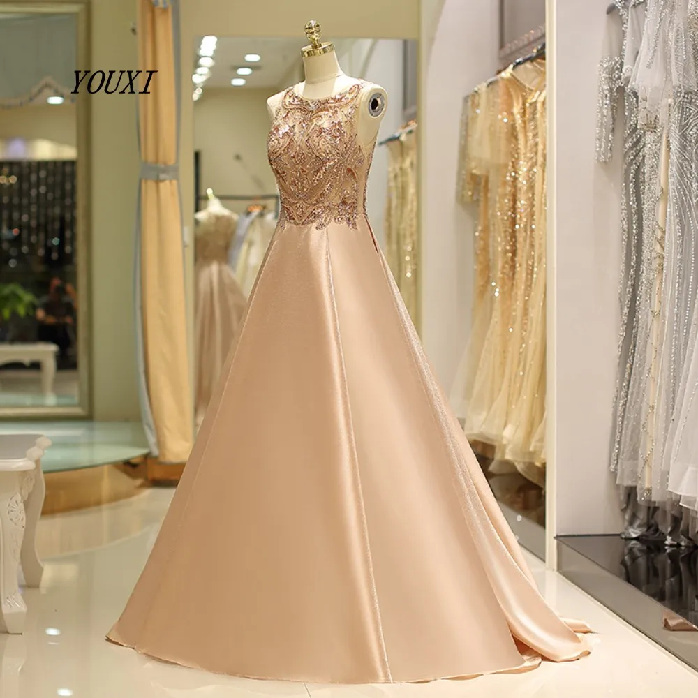 YOUXI роскошное Золотое вечернее платье великолепное шелковое атласное вышитое бисером хрустальные стразы длинное вечернее платье