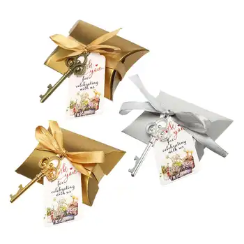 

50Pcs Wedding Candy Souvenir Gift Set Pillow Candy Box Vintage Skeleton Key Opener French Ribbon