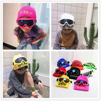 

Autumn Winter Baby Kids Boys Girls Hat Warm Caddice Comfortable High Quality Letter Design Knitting Ski Caps + Kids Goggle Hat