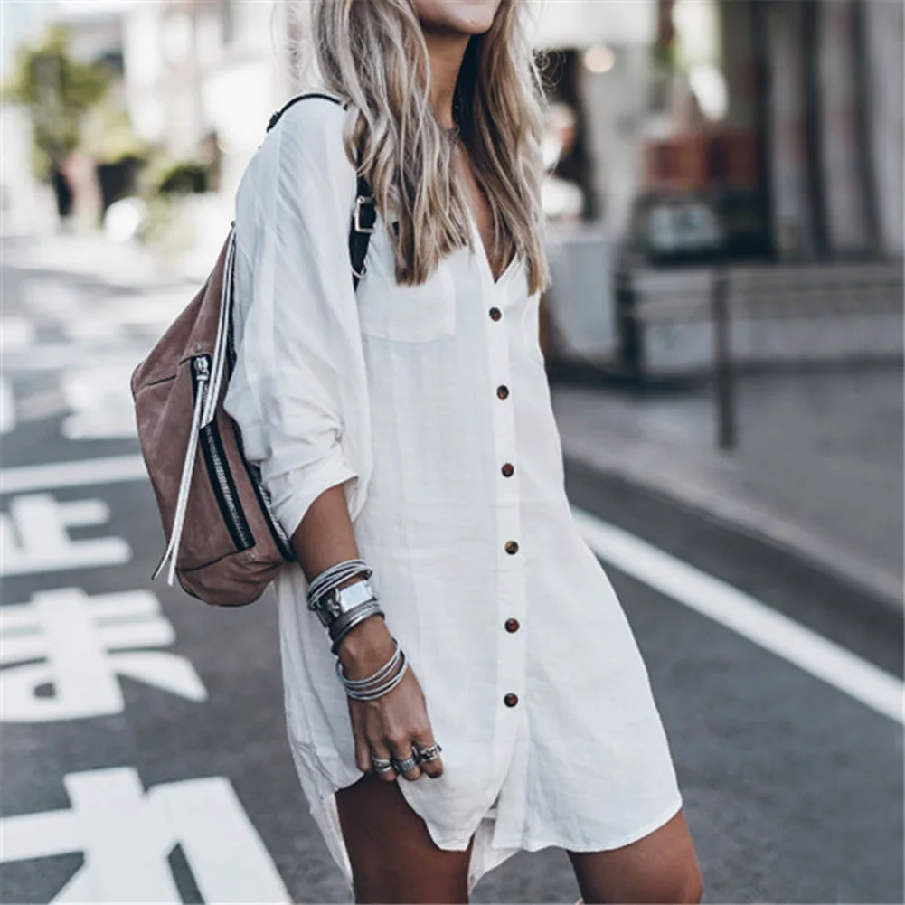 Fashion Summer Women Loose Mini Shirts Dress Buttons Up Long Blouse Dresses  Casual Long Sleeve Dress Cotton Linen Korean Tops|Blouses & Shirts| -  AliExpress