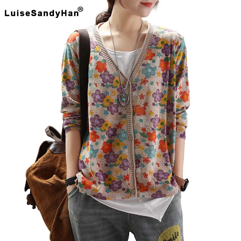 2021 new spring sweater women's shirt long-sleeved cardigan single-breasted printed retro art |