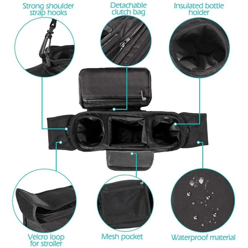 Stroller Organizer Pram Bag Organiser Multifunctional Baby Pram Buggy Storage Bag with Detachable Pocket, Mobile Phone Pocket, 2
