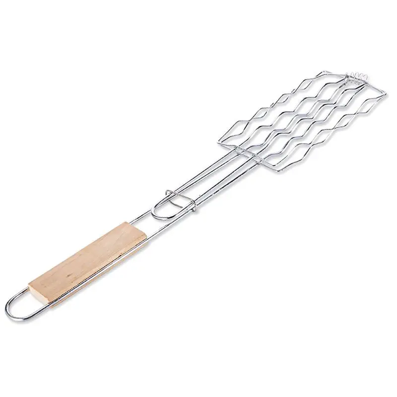 

Hot Dog Grill Basket Wooden Handle Sausage Vegetable Meat Clip Folder Clamp BBQ Food Roasting Grilling Net Mesh Picnic Tool