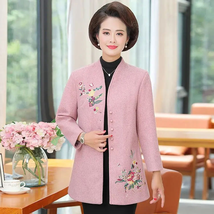 

Middle-aged WOMEN'S Apparels Autumn And Winter Middle-aged Women Dress Woolen Embroidery Coat 30-50-Year-Old Middle-aged Women's