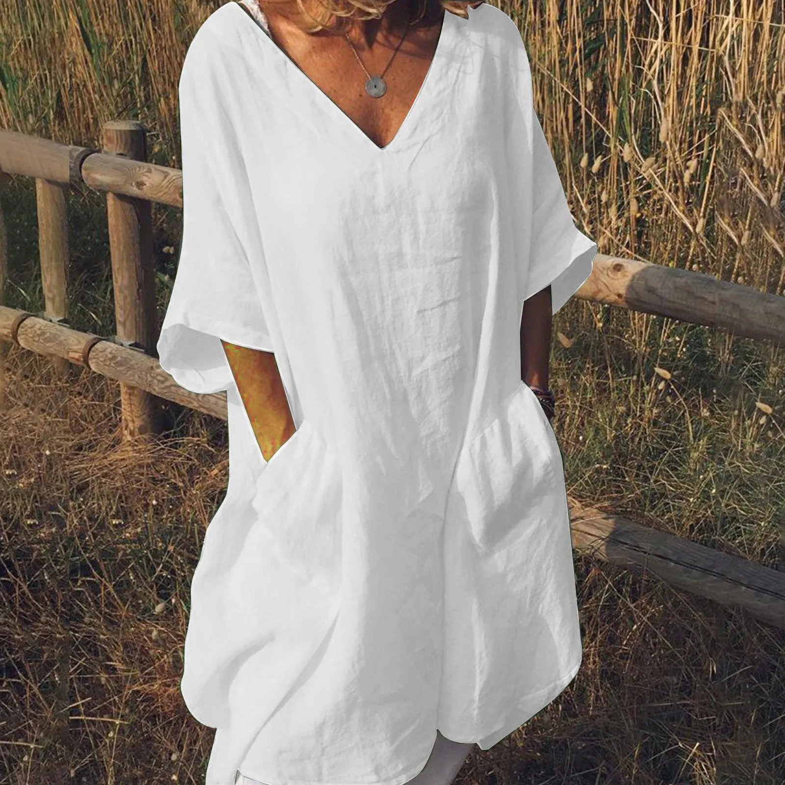 Women's Summer Dresses Fashion Robe Casual Solid Color Mid-sleeve V-neck Dress Pocket Cotton And Linen Dress Mujer Vestidos 2