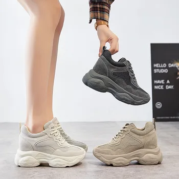 

CINESSD Genuine Leather Wedges Shoes For Women Fashion Mesh Chunky Sneakers Spring 2020 Platform Sneakers Internal Increase Shoe