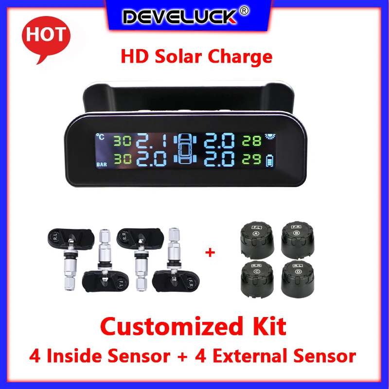

TPMS Car Tire Pressure Alarm Monitor SysteM Wireless 8sensors ( 4 Inside and 4 External Sensor) Customized Kit HD Solar Charge
