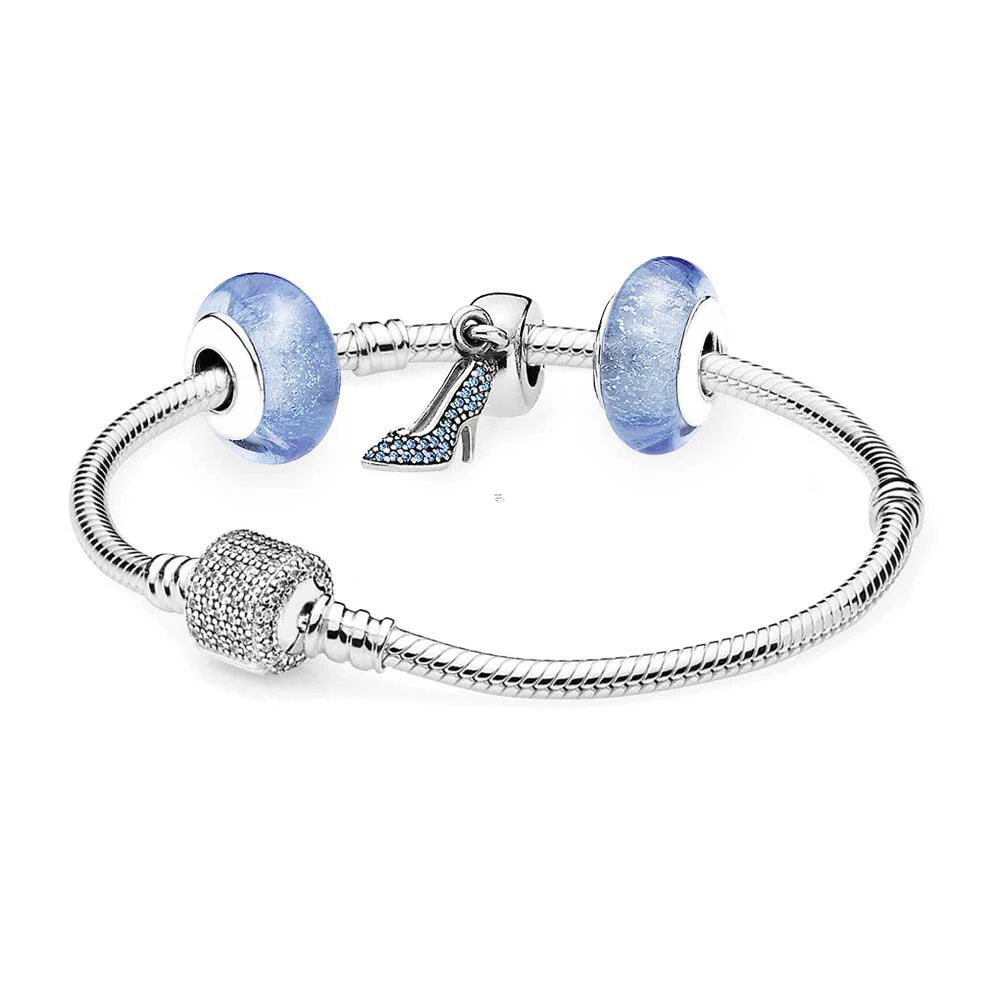 KAAOER ювелирные изделия стерлингового серебра 925 DIY браслет синяя стеклянная бусина на высоком каблуке зимняя Рождественская цепочка из змеиных костей - Цвет камня: Белый