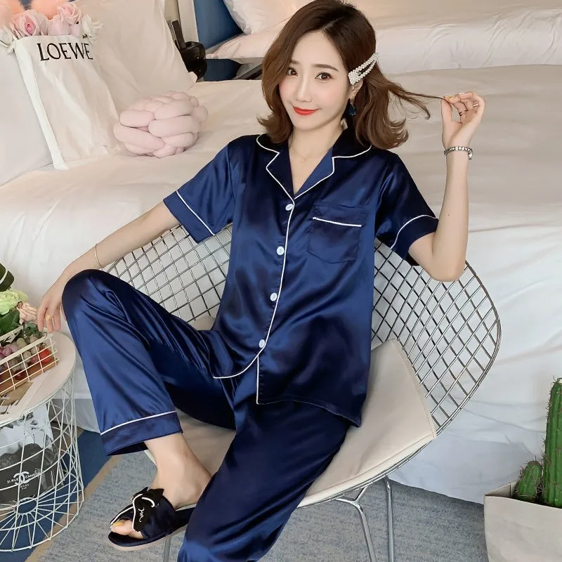 Silk Pajamas Women's Spring and Summer Long-sleeved Trousers Suit Thin Ice Silk Satin Ladies Sexy Home Service Large Size 5XL cotton pyjamas for ladies Pajama Sets