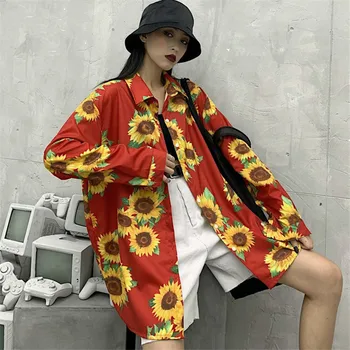 

Harajuku Korean Bf Retro Blouse Sunflower Printed Long Sleeve Loose Top Shirts Streetwear New Fashion Casual Shirts Unisex Mujer
