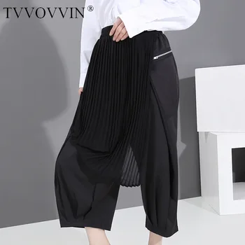 

TVVOVVIN NEW Fashion Summer Black Patchwork Mesh Irregular Black Loose Design Suit Pants Wide-leg Pleated Pants Womens M019