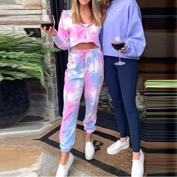 

Women Tie Dye Tracksuit Women Autumn Clothing Two Piece Set Hooded Tops and Lace Up Pants Jogging Pants