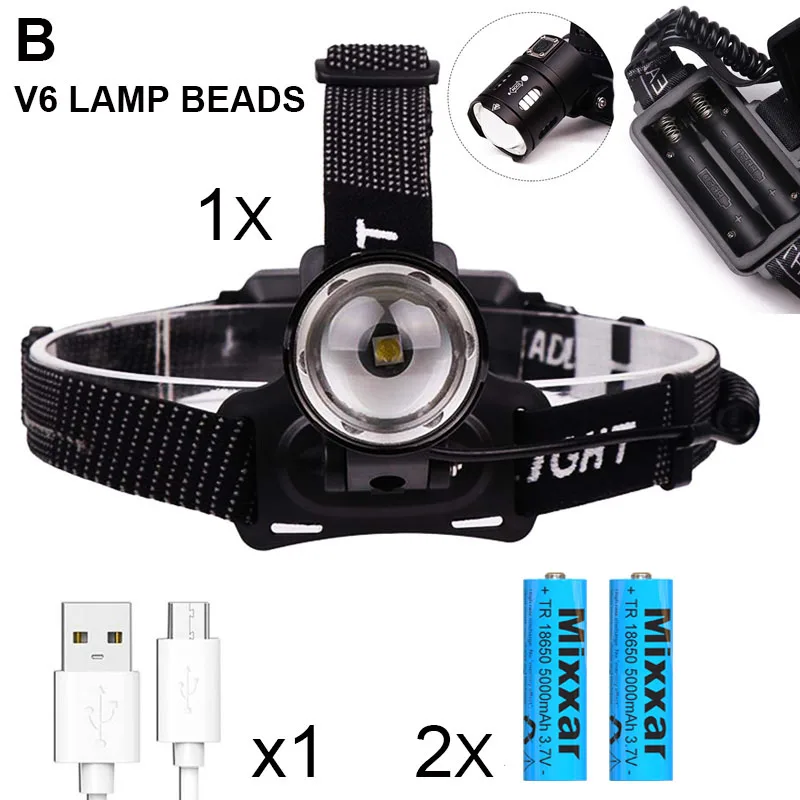 Светодиодный налобный фонарь XHP70.2, мощная фара с высокими люменами, USB перезаряжаемая, масштабируемая, водонепроницаемая, для кемпинга, супер яркая фара - Испускаемый цвет: V6-2 Batteries