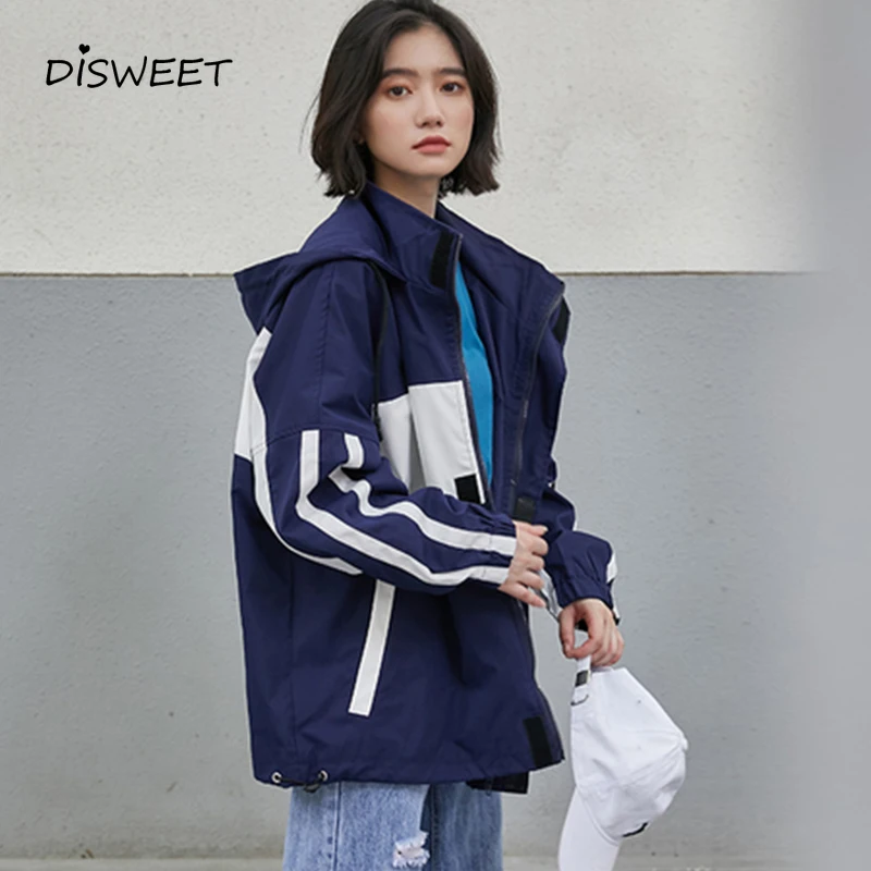 Harajuku куртка с капюшоном, подходящая по цвету, женская уличная одежда, осенне-зимнее Свободное пальто на молнии с длинным рукавом, Женское пальто с буквенным принтом