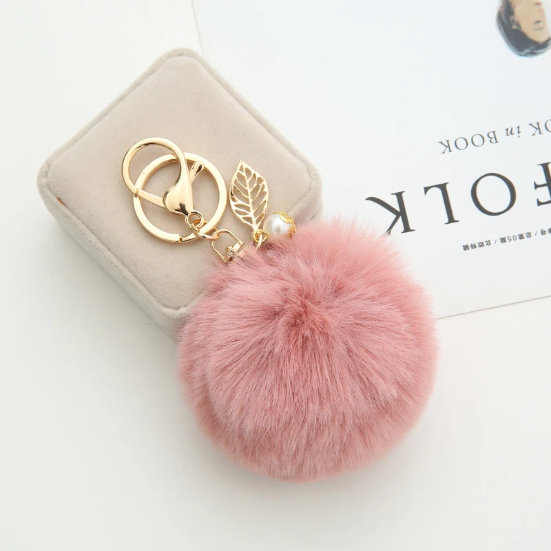 23 Colors Trinket Fluffy Artificial Rabbit Fur Ball Key Chain Pompons with Leaves for Women Car Bag Key Ring Jewelry Gift EH1003