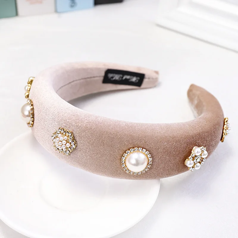 Oaoleer Hair Accessories Velvet Pearls Headband for Women Solid Color Sponge Crystal Hairband Girls Headdress