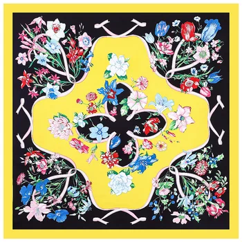 

High Quailty Silk Square Scarf Yellow Female Ladies Luxury Brand Scarf Flower Shawl Pashmina Twill Print big Scarves 130*130CM
