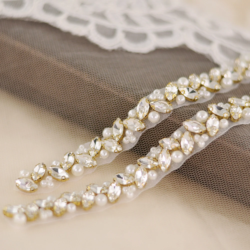 

TRiXY S383-G Golden Wedding Belt Thin Crystal Bridal Dress Belt Long Narrow Pearls Bead Belt Wedding Dress Belt 1 cm