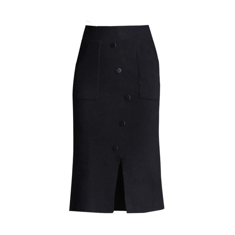 Осенне-зимние женские облегающие повседневные черные вязаные длинные юбки с завышенной талией Элегантные элегантные Элегантные вязаные длинные юбки с разрезом на пуговицах