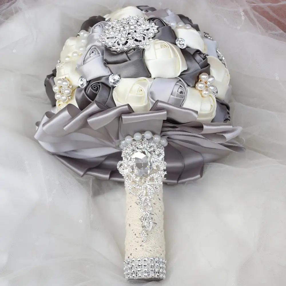 20cm Gray-W3217 WIFELAI-A, различные стили, атласная роза, свадебный букет, ручная работа Брошь со стразами, подружка невесты, кристалл, свадебный букет, свадебный букет - Цвет: 20cm Gray-W3217