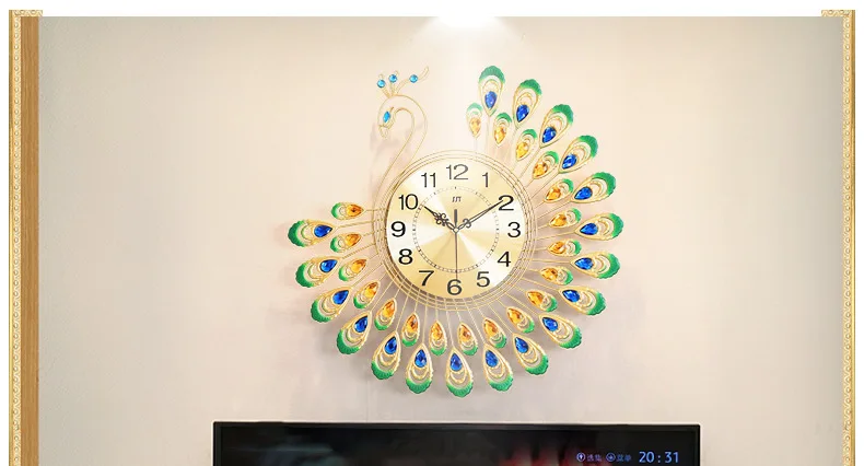 Large 3D Gold Diamond Peacock Wall Clock Metal Watch for Home Living Room Decoration DIY Clocks Crafts Ornaments Gift 53x53cm