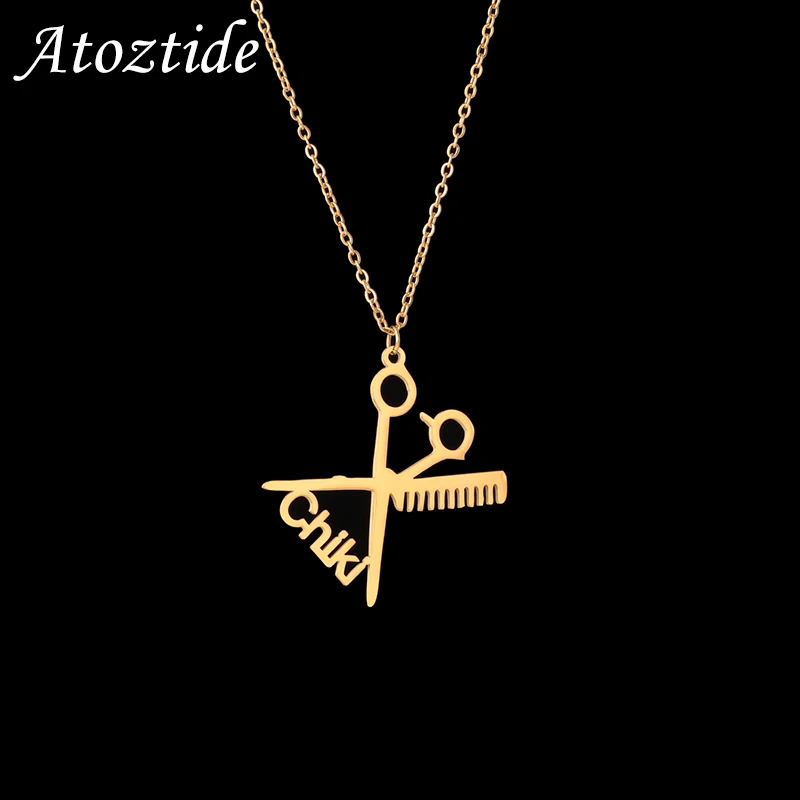

Atoztide Custom Name Necklace Stainless Steel Link Choker Barber Scissors Nameplate Hairstylist Jewelry Male Christmas Gift
