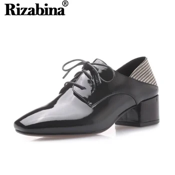

RIZABINA Women Pumps Shoes Fashion Thick Heels Square Toe Shoes Women Stylish Lace Up Patent Leather Office Footwear Size 33-41