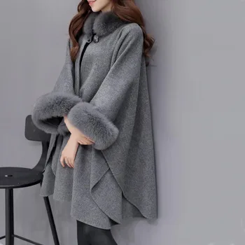 

Vintage Woolen Coat Women Winter 2018 Loose Imitation Fox Fur Collar Stylish High Street Outerwear Elegant Office Lady Overcoat