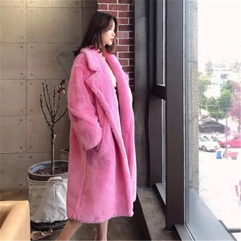 

2020 Women Autumn Winter Faux Fur Warm Long Coat Long Sleeve Female Thick artificial wool Coat Casual Loose Oversize Outwear