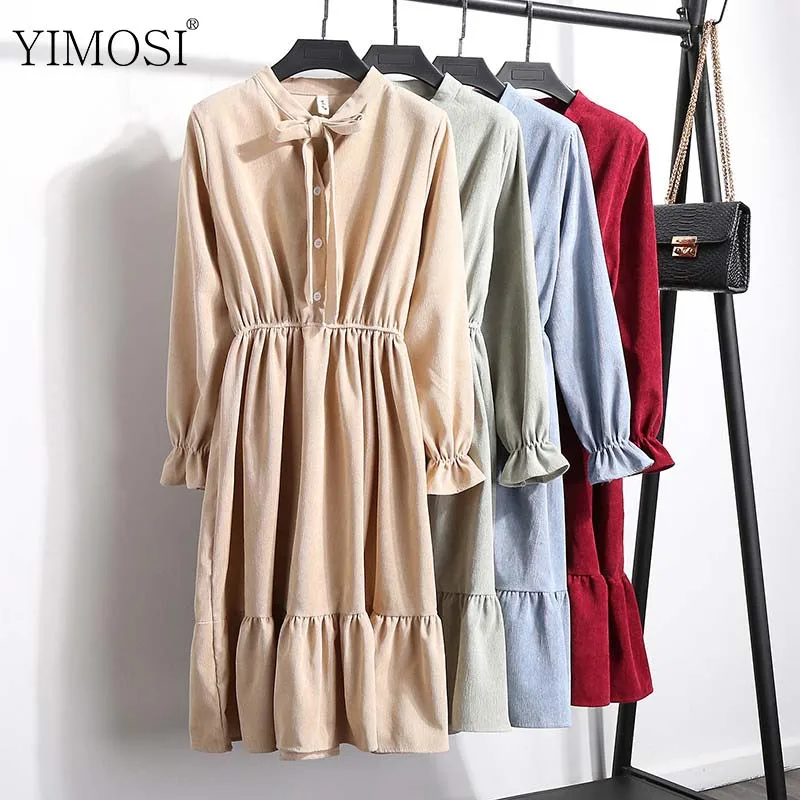 

Autumn Winter Women Corduroy Dresses Casual Long Sleeve Elastic Waist Solid Midi Dresses Plus Size Female Party Dress Vestidos