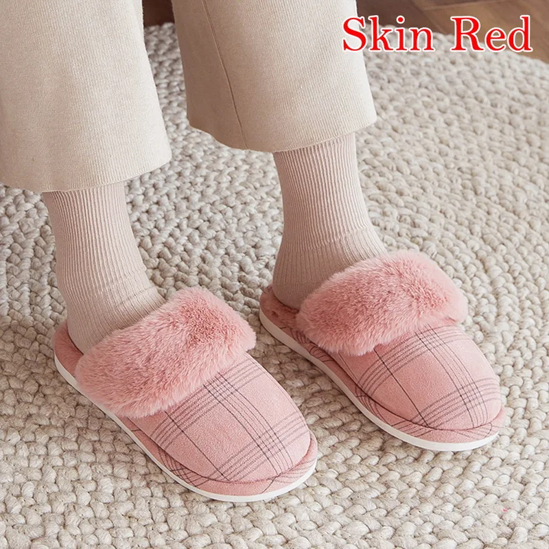 Vertvie/женские тапочки; меховые плюшевые хлопковые теплые тапочки; зимняя Нескользящая домашняя обувь для пар; домашняя обувь для спальни; Рождественская обувь - Цвет: red