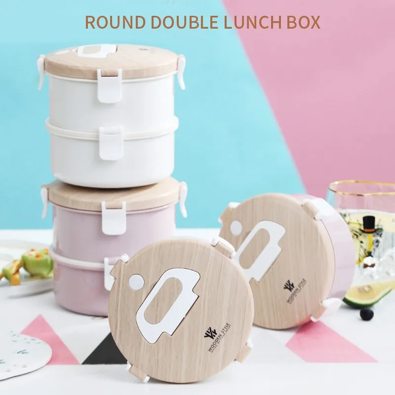 Stainless Steel 2-layer Lunch Box Sealed Leakproof Thermal Bento Box Portable Food Container Wooden Cover Picnic Lunchbox