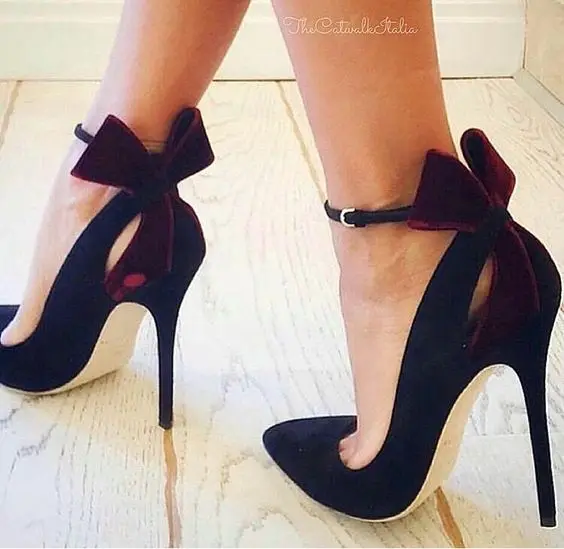 

Sexy Black Women High Heel Shoes Women Closed Toe Thin Heels Stilettos Back Bowknot Pump Shoes Buckle Strap Party Shoes