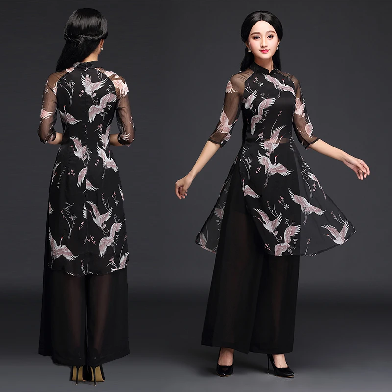 Черная женская шифоновая одежда с цветочным принтом ao dai вьетнамская одежда ao dai вьетнамские халаты и брюки вьетнамские костюмы Улучшенный чонсам