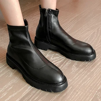 

EshtonShero Black Square Med Heels Autumn Winter Ankle Boots Riding Boots Platform Round Toe Women Motorcycle Boots Size 3-9