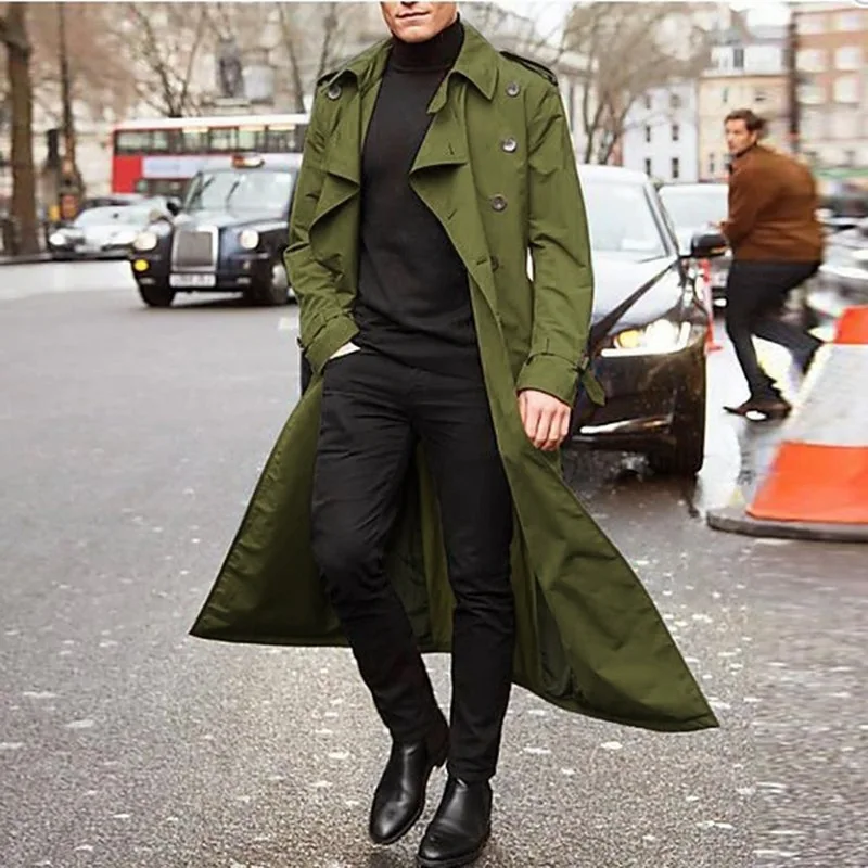 Новинка, длинный мужской плащ, Одноцветный, классический, весна-осень, куртка, Мужская, повседневная, свободная, британский стиль, Тренч, пальто, уличная одежда, пальто - Цвет: Армейский зеленый