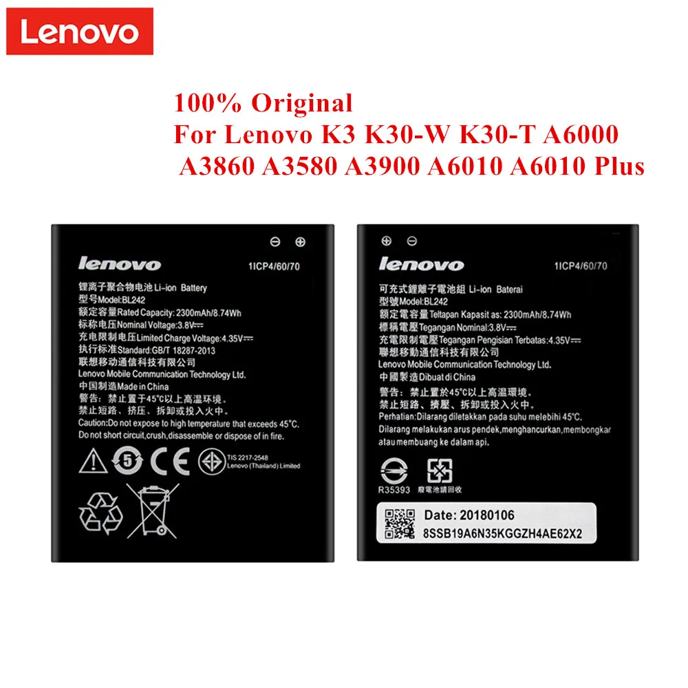 100% Оригинальный аккумулятор BL242 для Lenovo K3 K30 W A6000 A3860 A3580 A3900 A6010 Plus 2300 мАч новая