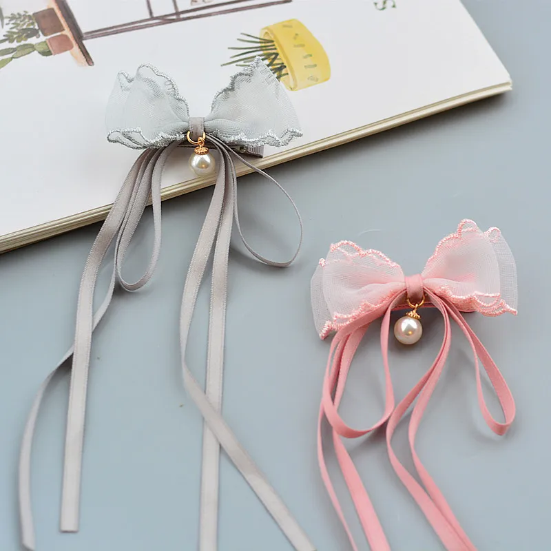 

New Girl Kids Baby Pearl Mesh lace Bow Hairpins Bowknot Tassel Hair Clip Children Barrette Hair Accessories Full Cover Clips