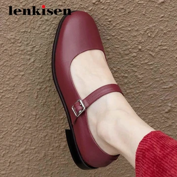 

Lenkisen 2020 autumn shoes full grain leather preppy style round toe low square heels buckle straps korean dress women pumps L12