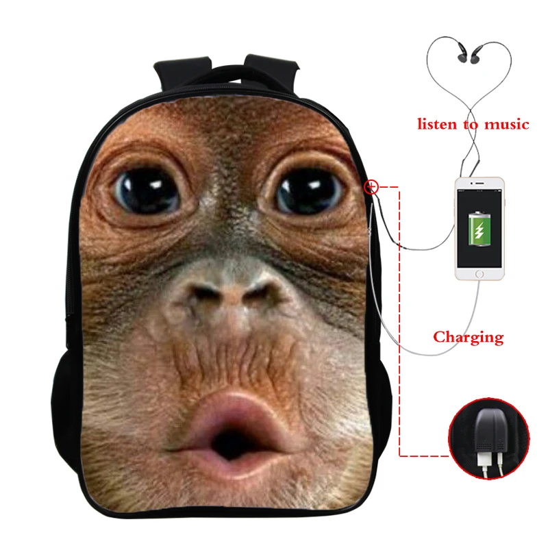 

Cartoon Monkey Face Printing Boys Girls School Backpack School Bag Children Mochilas Escolares Bolsa 16 Inch Usb Back Pack