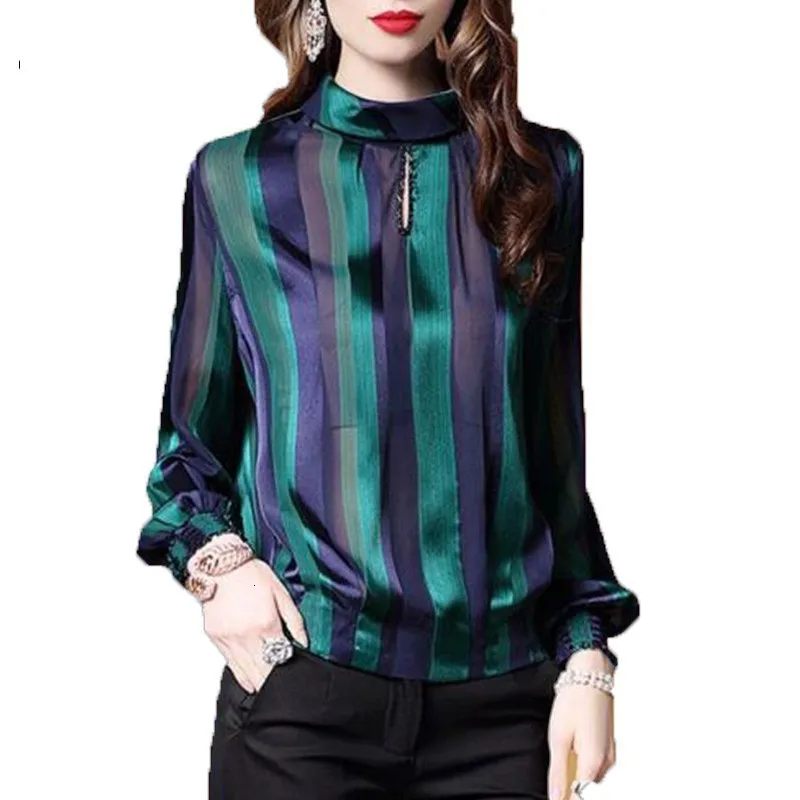 

hoge kwaliteit womens tops en blouses Plus Size Streep Lange Mouw Vrouwen Mode zijden casual dunne blouse vrouwelijke ls096