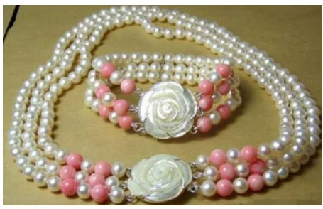 Meraviglioso Fortunato Dei Monili D'Acqua Dolce Naturale Della Perla 3 Riga 7-8Mm Collana Di Perle E Bracciali Collana Di Corallo