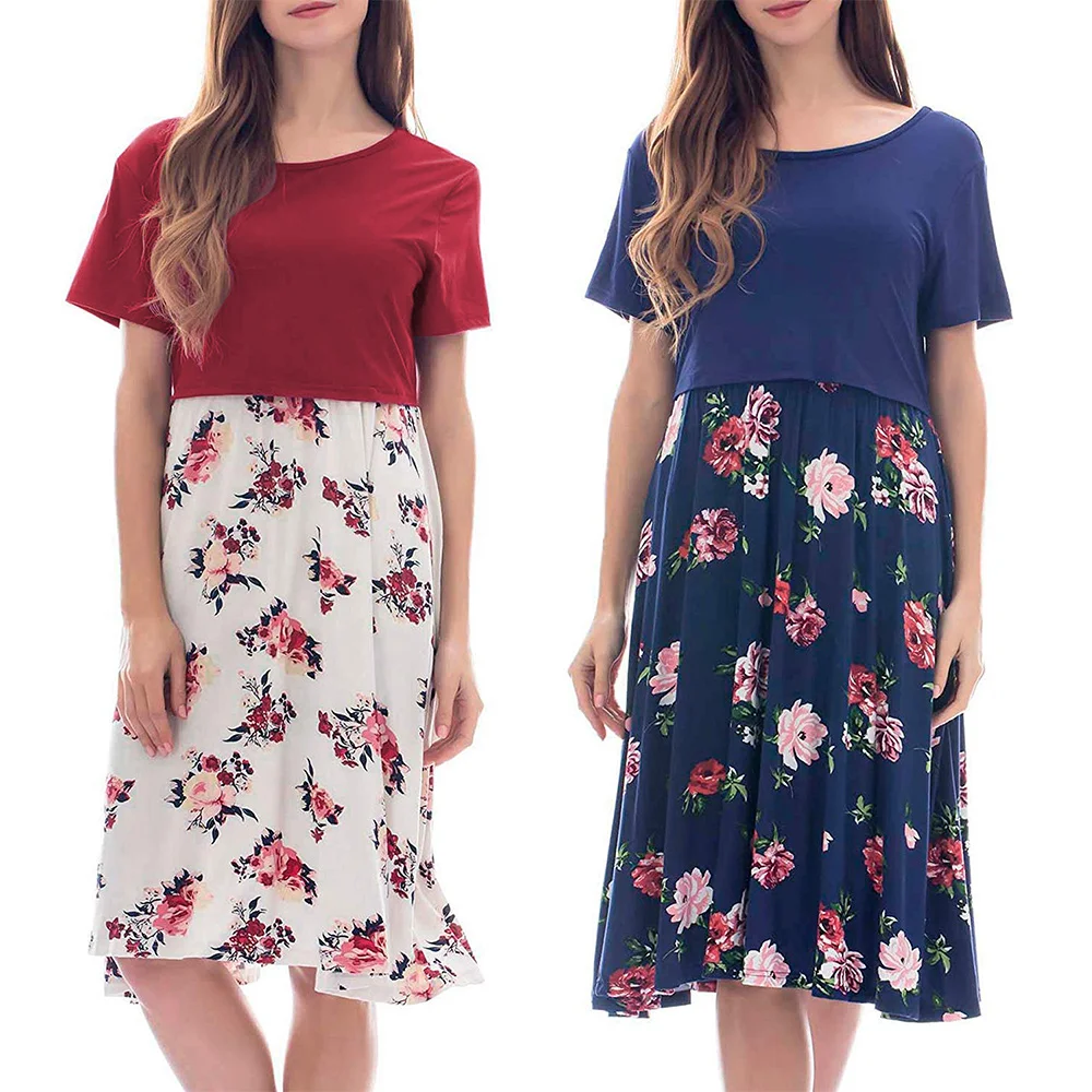 

Summer Maternity Nursing Clothes Women Short sleeve floral print crop top splicing Breastfeeding Dress For PregnantD30