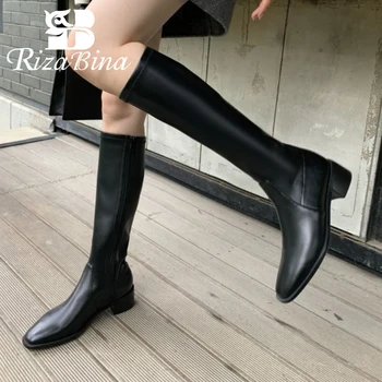 

RIZABINA Women Knee Shoes Fashion Thick Heel Winter Shoes Women Square Toe New Warm Long Boot Lady Office Footwear Size 33-40