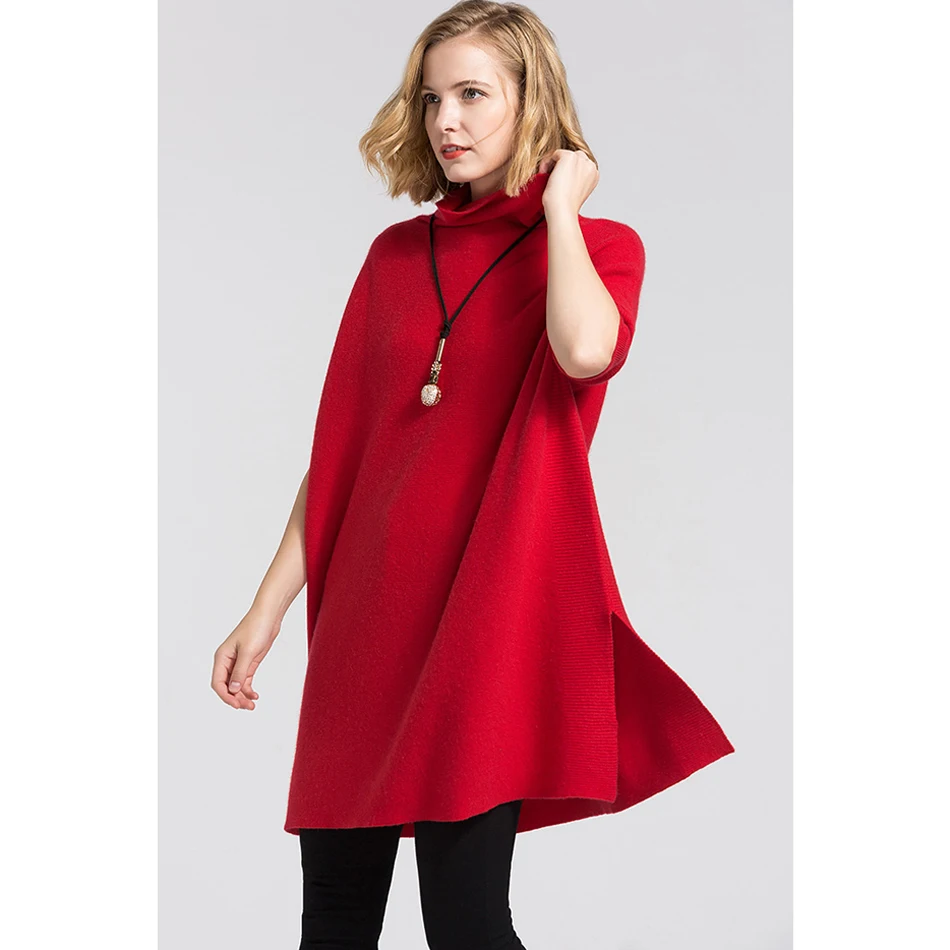 YJMY Inner Mongolian Cashmere Poncho Women Pullover Turtleneck Ribbed Side Slit Spring Autumn Knit in Slava Store