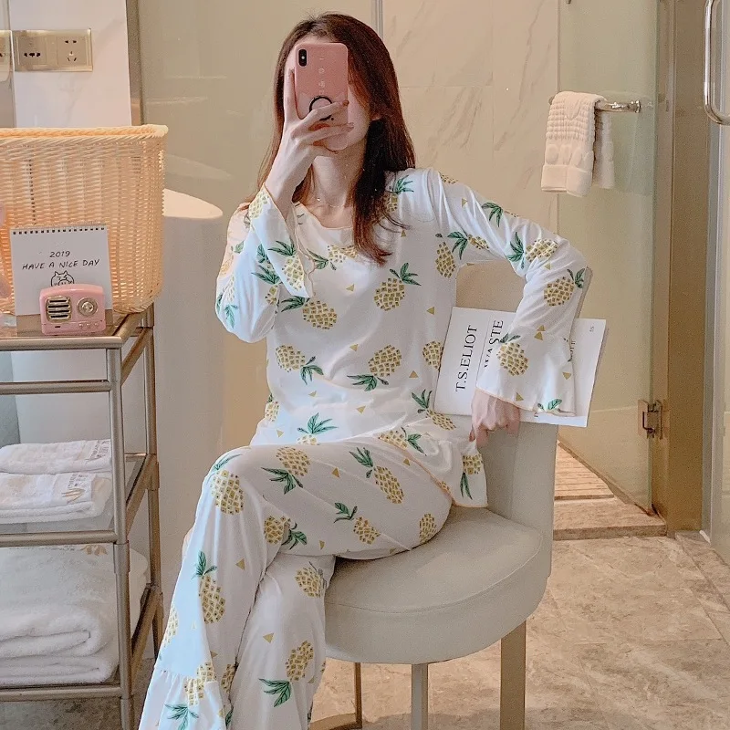 

2020 Spring And Autumn Korean-style Pajamas Women's Qmilch Cartoon Pineapple Casual Tracksuit Simple Long-sleeve Suit