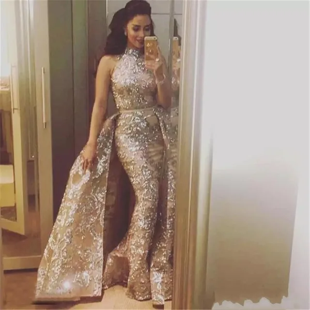 

Saudi Arabic Muslim Evening Dresses 2019 High Collar Lace Formal Islamic Dubai Kaftan Detachable Long Evening Gown