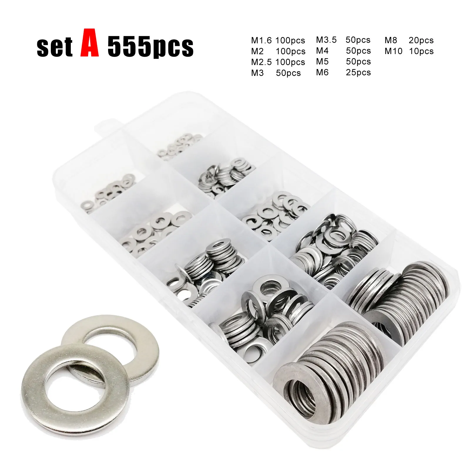 Total 555/1035pcs M1.6 M2 M2.5 M3 M3.5 M4 M5 M6 M8 M10 M12 M16 304 Stainless Steel Flat Washer Set Plain Gasket Assortment Kit stainless steel washers washer gasket set washer gasket washer seal set